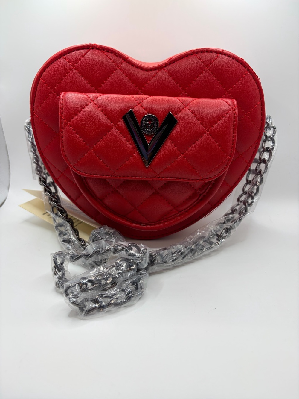Valentino Orlando Quilted Red Heart Crossbody Bag w Gun Metal Hardware